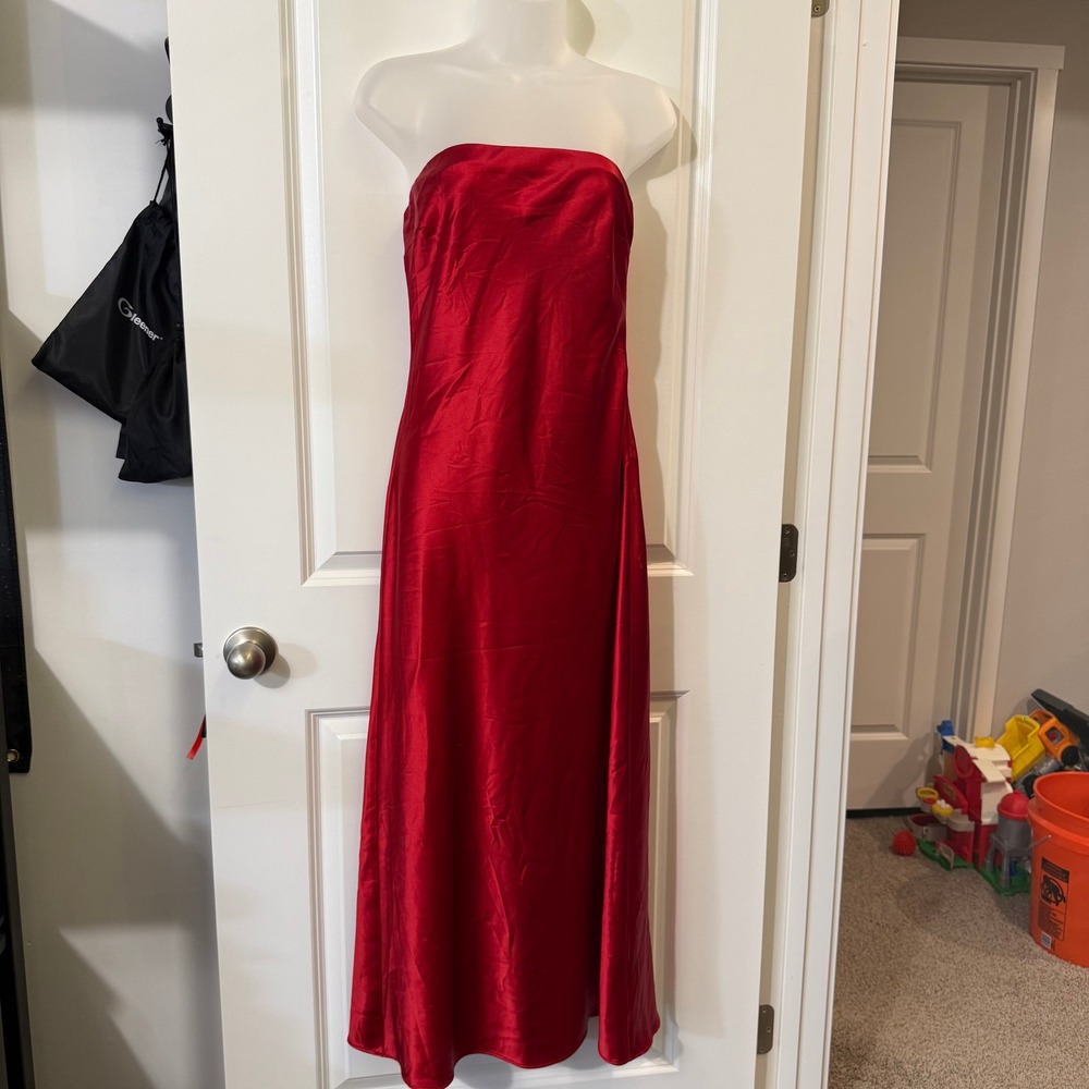 Steve Madden Womens Red Strapless Satin Midi Dress‎ S Formal Silky Long Party